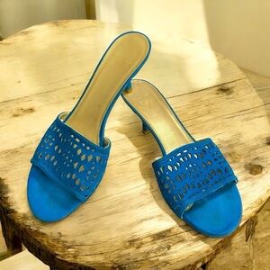 Stuart Weitzman Blue suede leather cutouts perforated kitten heel slide mules9.5